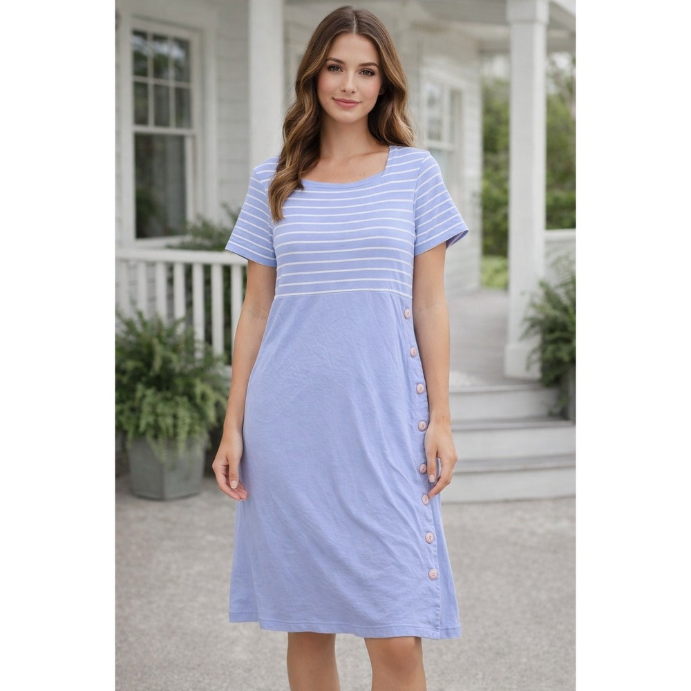 Appleseeds Dress Womens Size M Blue Periwinkle Striped Cotton Midi Side Buttons